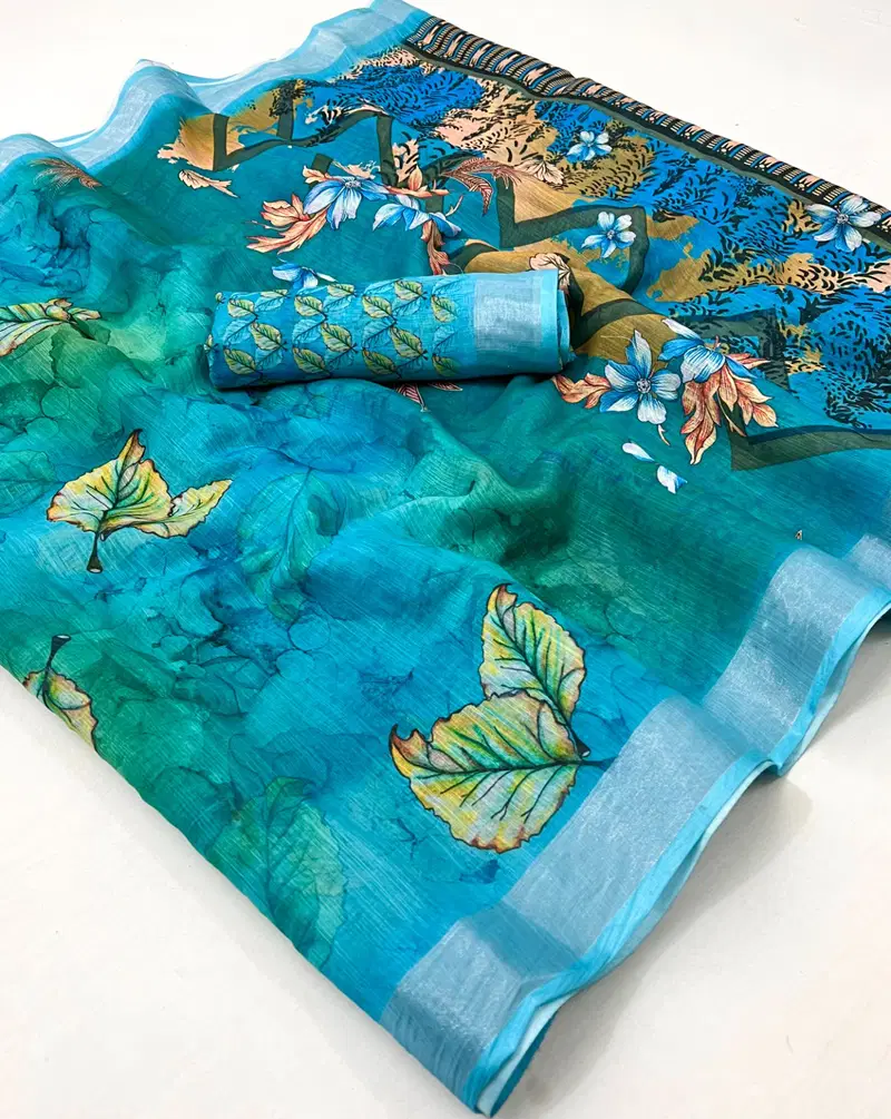 SRC Pure Linen Silver Jari Digital Printed Sarees Wholesale Market In Surat